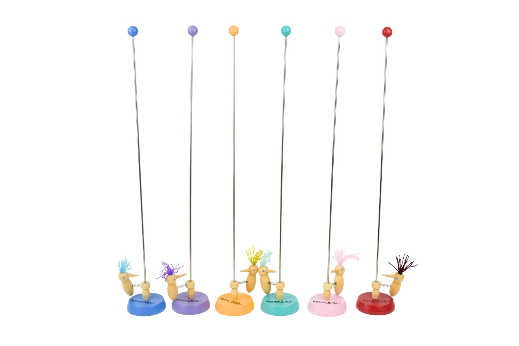 Kaper Kidz Bobbing Beak Woodpecker set of 6 wooden toys with colorful beak designs, perfect for children’s imaginative play.